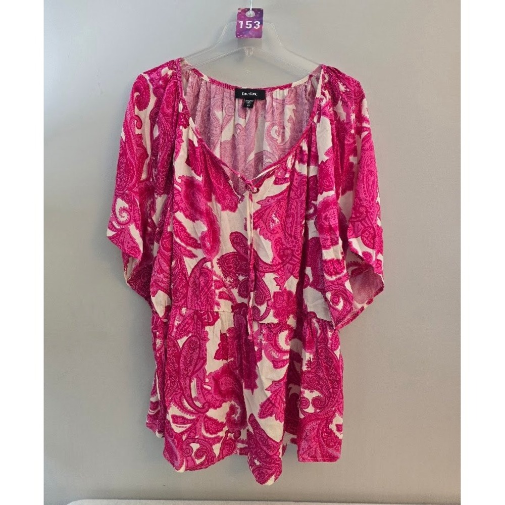 Karen Kane Womens Ruffle Hem Top Pink Paisley Short Sleeve Boho Plus Size 2X NEW